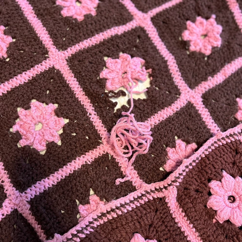 Handmade Crochet Blanket - Brown and Pink Floral - Picture 5 of 5